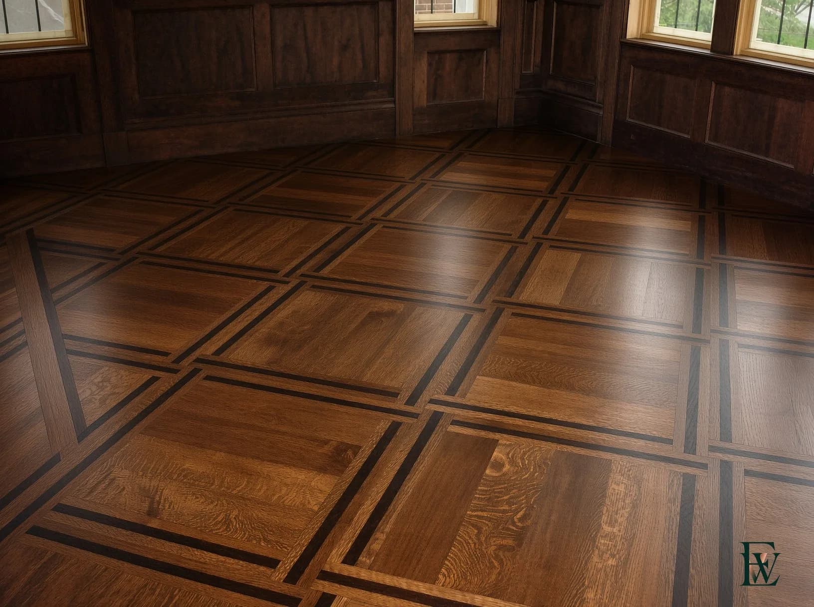 Bordered parquet · study — A dark line that keeps the oak in measure.