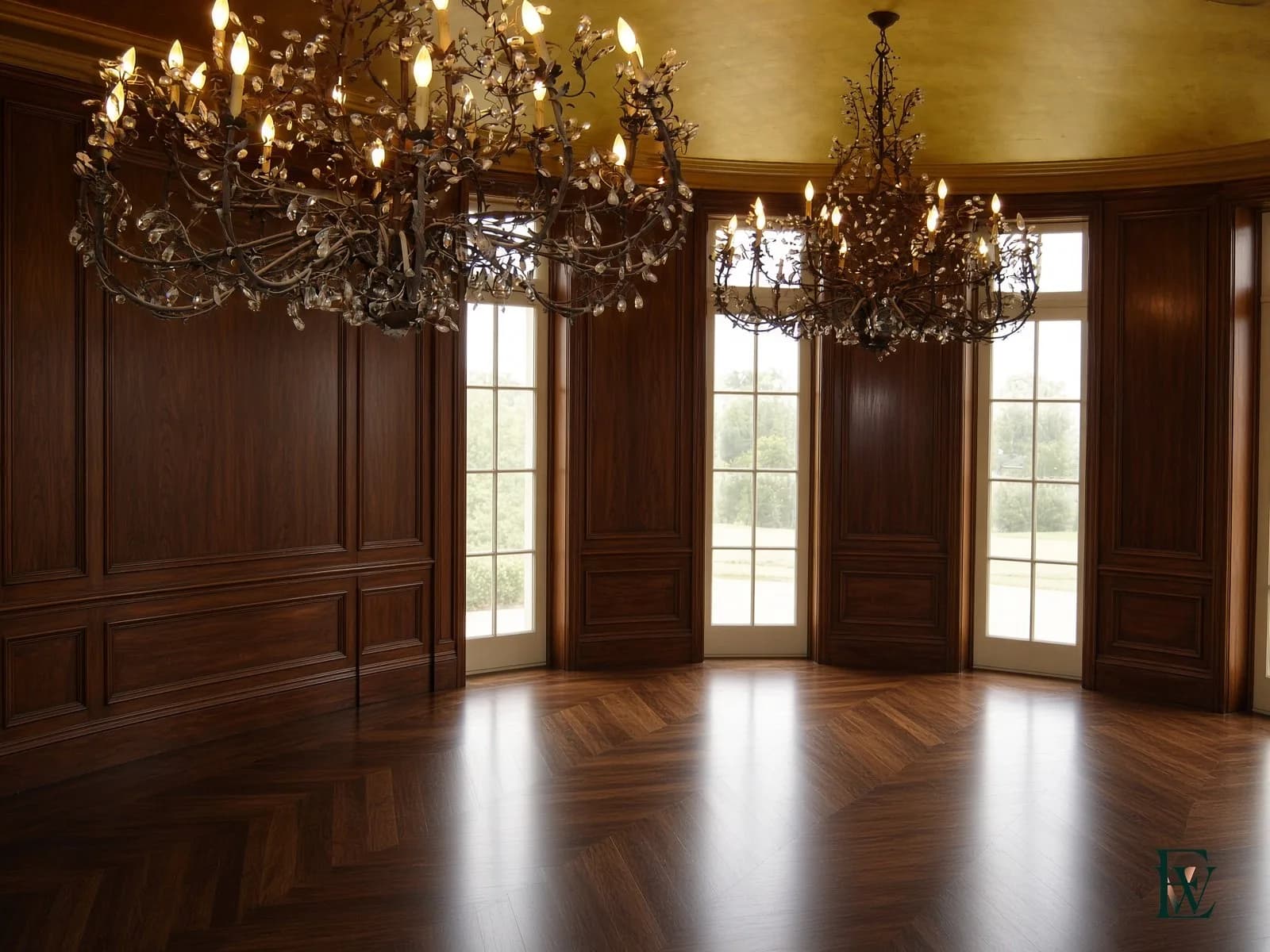 Herringbone in a paneled oval — The floor has to be as serious as the walls.