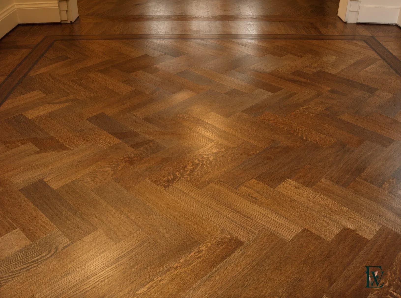 Herringbone at the border — A block against a dark line.
