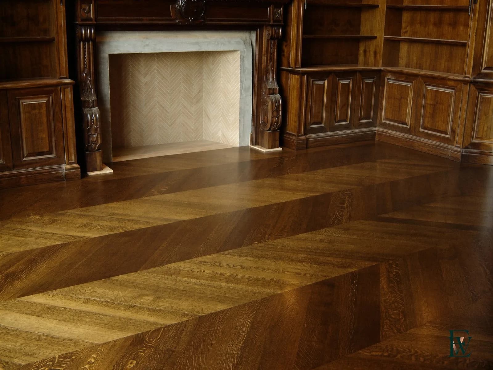 Wide-band chevron — Grain that turns at the hearth.