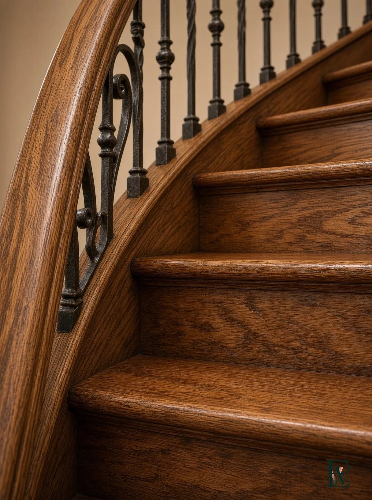 Curved oak stair, frame 2 of 3, camera at the first treads where the rail begins its climb, Ecowoods site work, Toronto.
