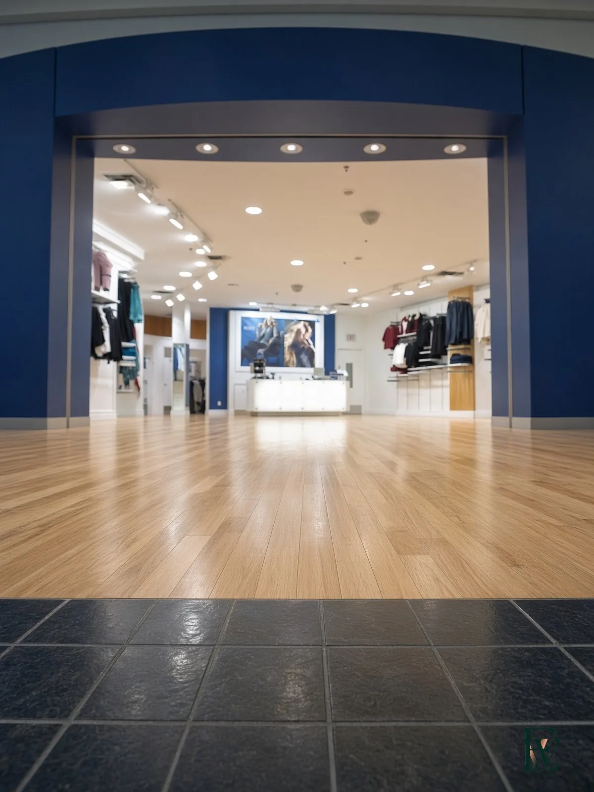 Hardwood retail floor at a mall threshold, frame 2 of 3, camera crossing the line from mall tile to hardwood, Ecowoods site work, Toronto.
