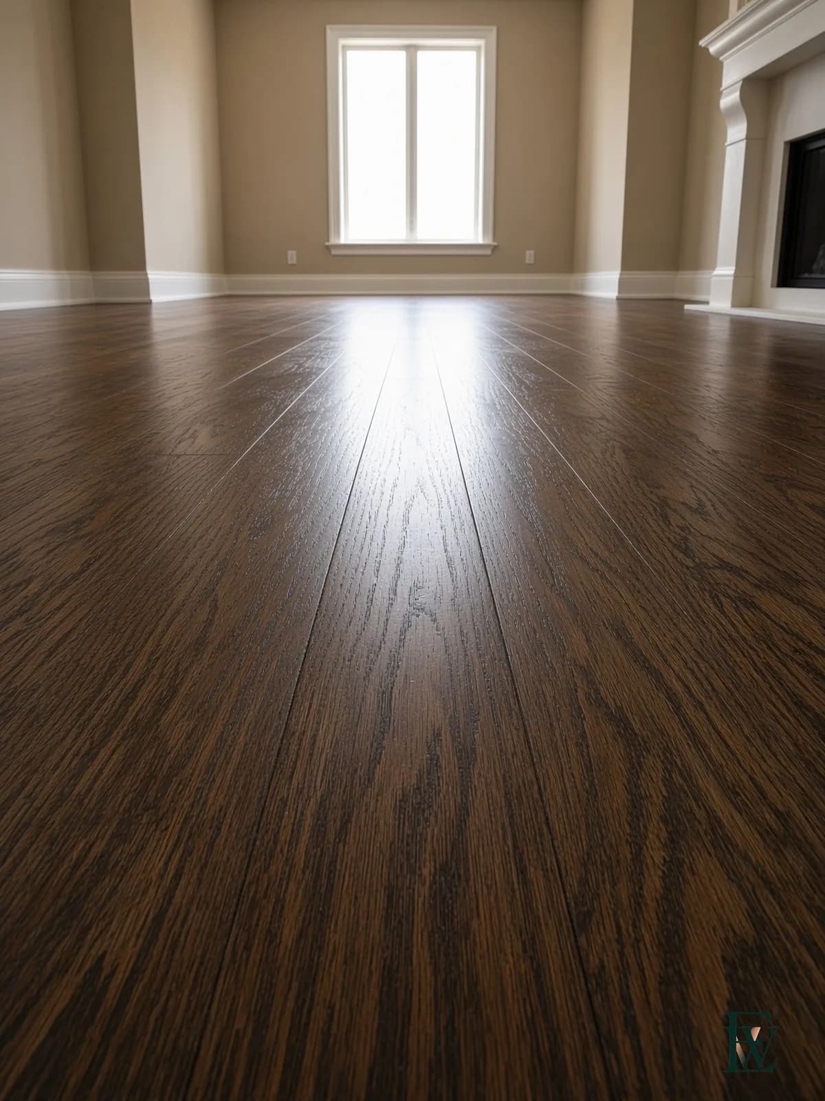 Dark wide-plank oak floor, frame 2 of 3, camera aimed down the boards toward daylight, Ecowoods site work, Toronto.
