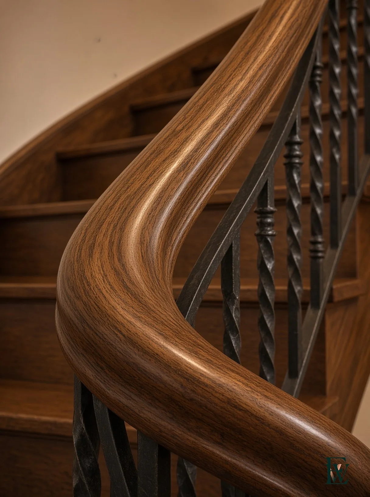 Steam-bent oak handrail, frame 2 of 3, camera following the rail as it turns through the curve, Ecowoods site work, Toronto.