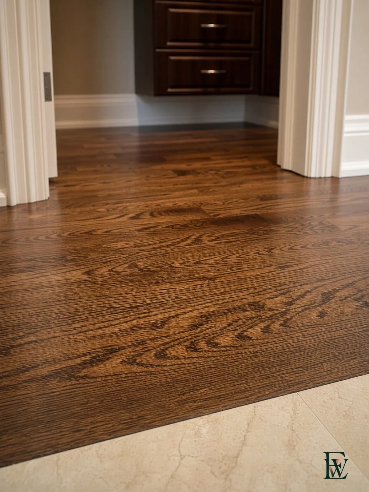 Oak floor transition at a closet threshold, frame 2 of 3, camera approaching the casing where stone stops and wood continues, Ecowoods site work, Toronto.