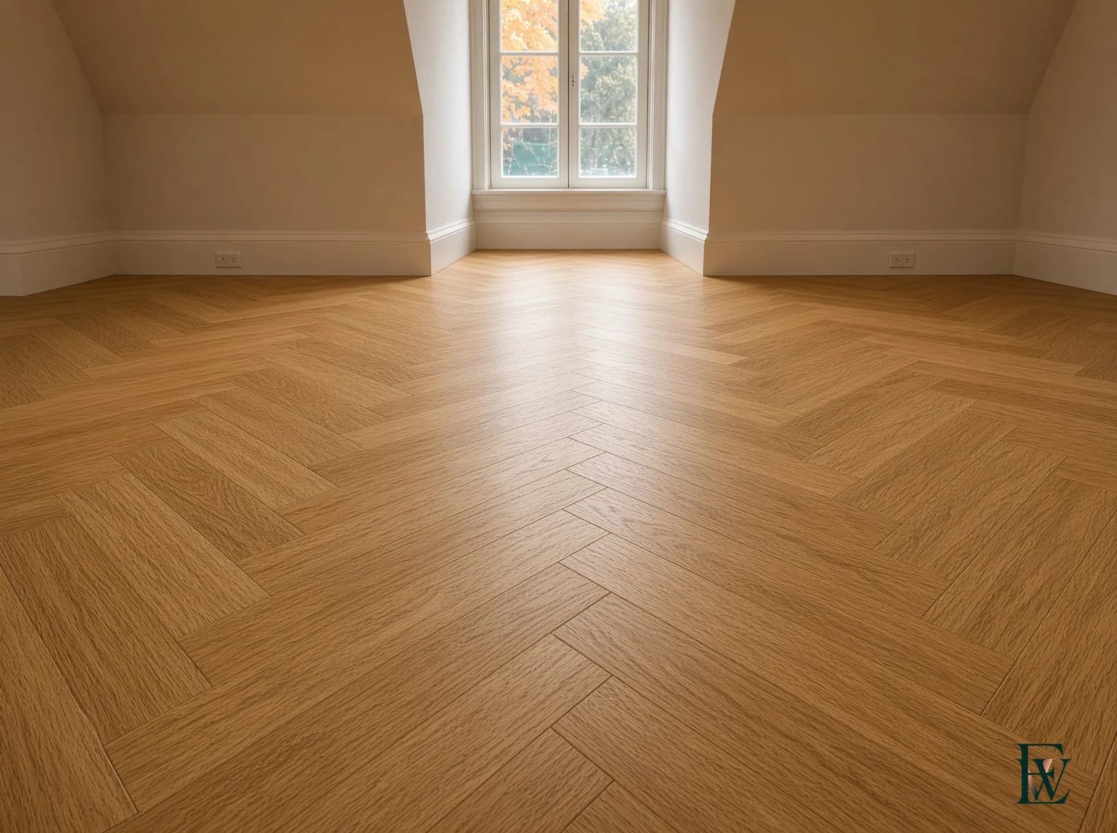 Herringbone oak floor, frame 2 of 3, camera following the pattern toward the dormer window, Ecowoods site work, Toronto.