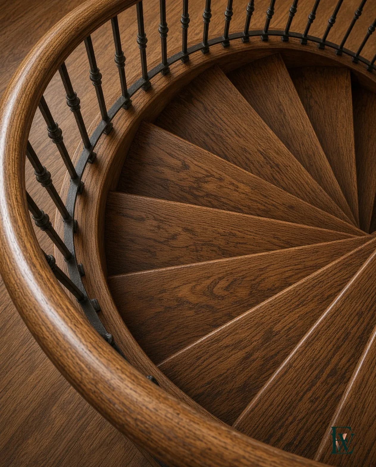 Spiral oak stair, frame 2 of 3, camera tighter on the wedge treads and circling rail, Ecowoods site work, Toronto.