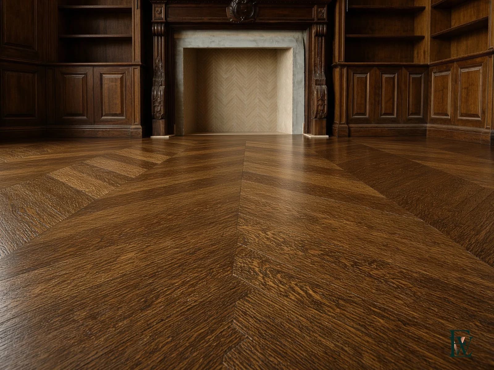 Wide-band chevron parquet, frame 2 of 3, camera following the chevron bands toward the hearth, Ecowoods site work, Toronto.