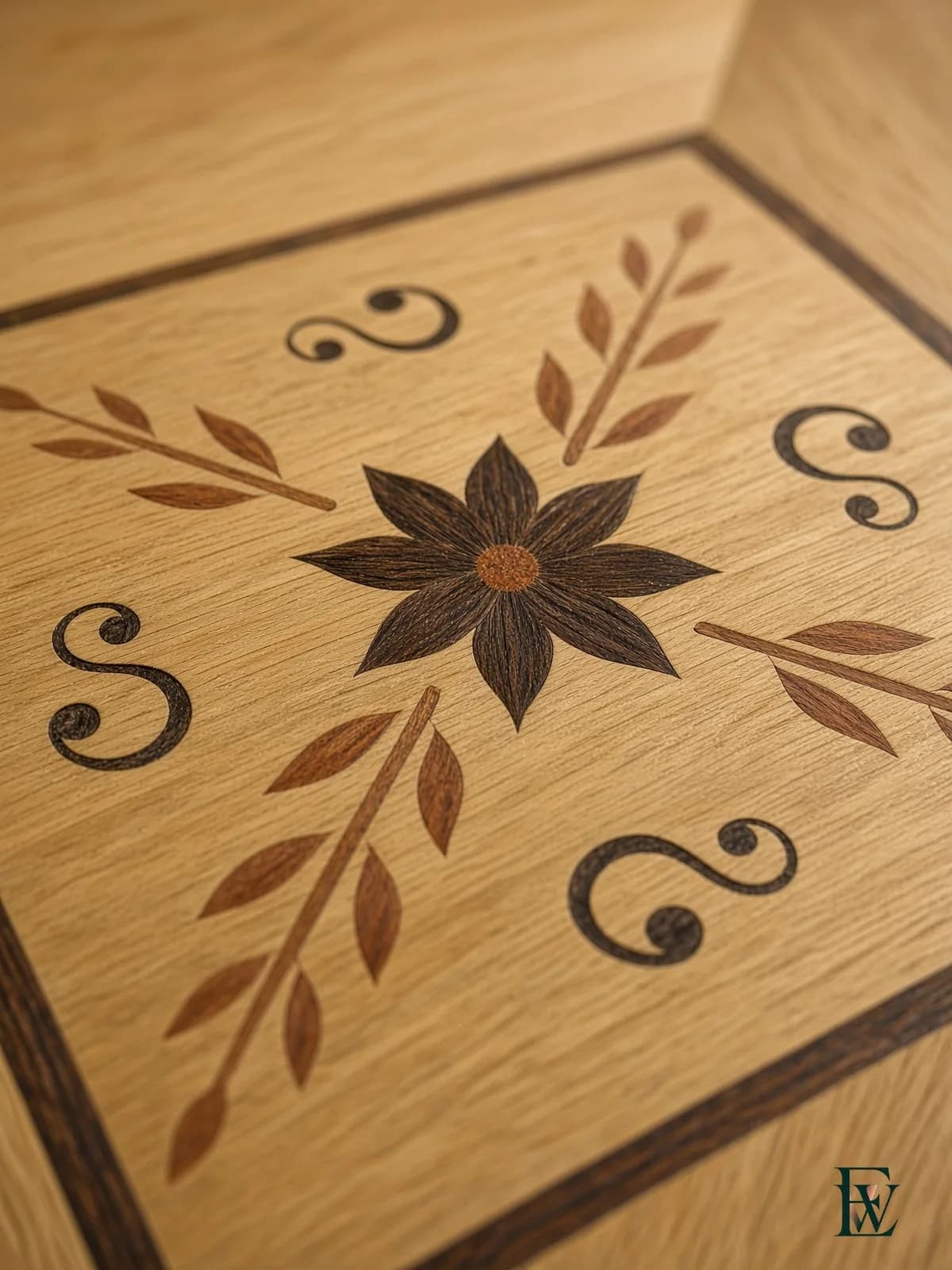 Floral medallion inlay, frame 2 of 3, camera dollying into the medallion, Ecowoods site work, Toronto.