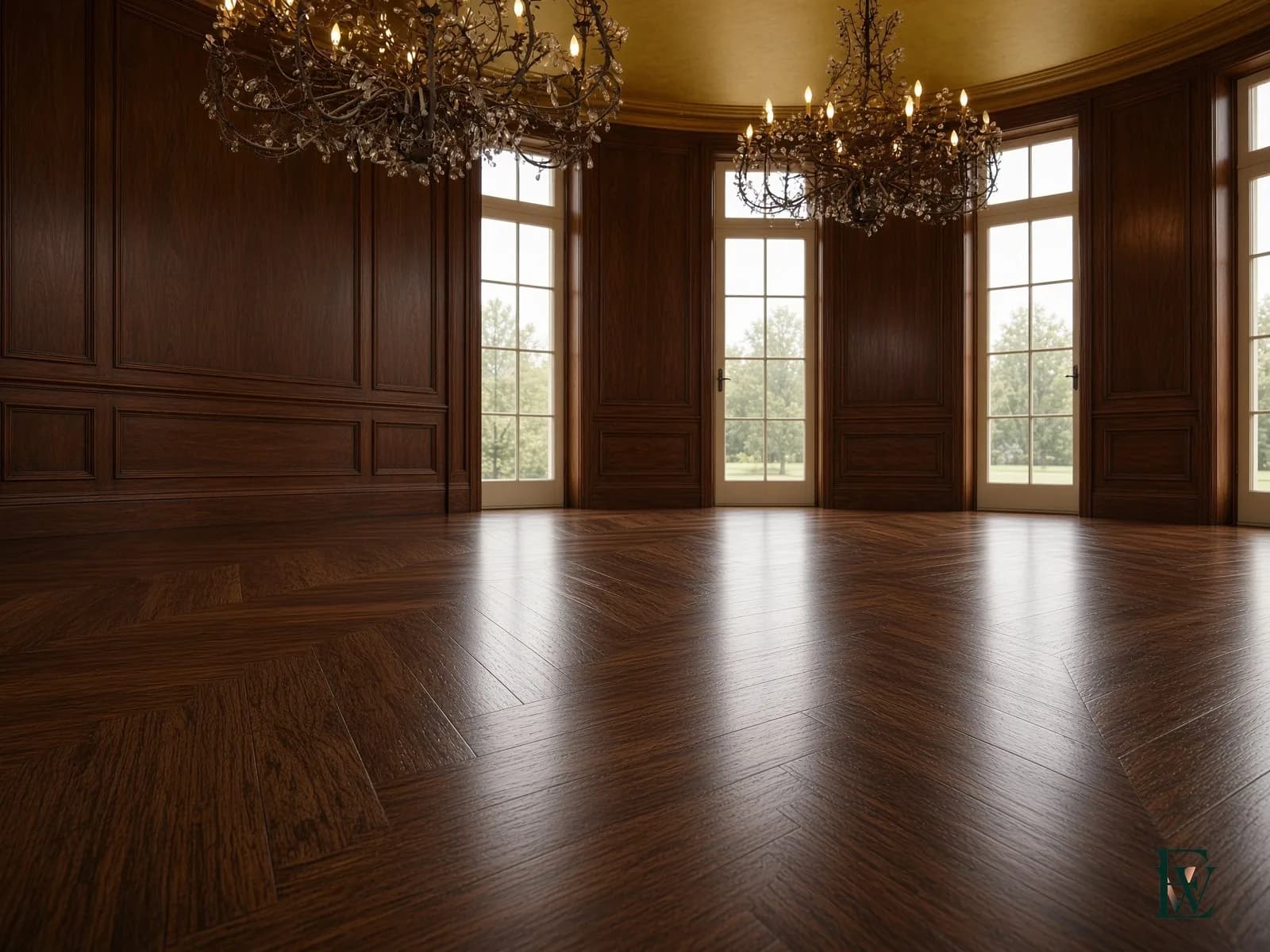 Dark herringbone oak floor in a paneled oval room, frame 2 of 3, camera crossing the hall toward the bow of French doors, Ecowoods site work, Toronto.