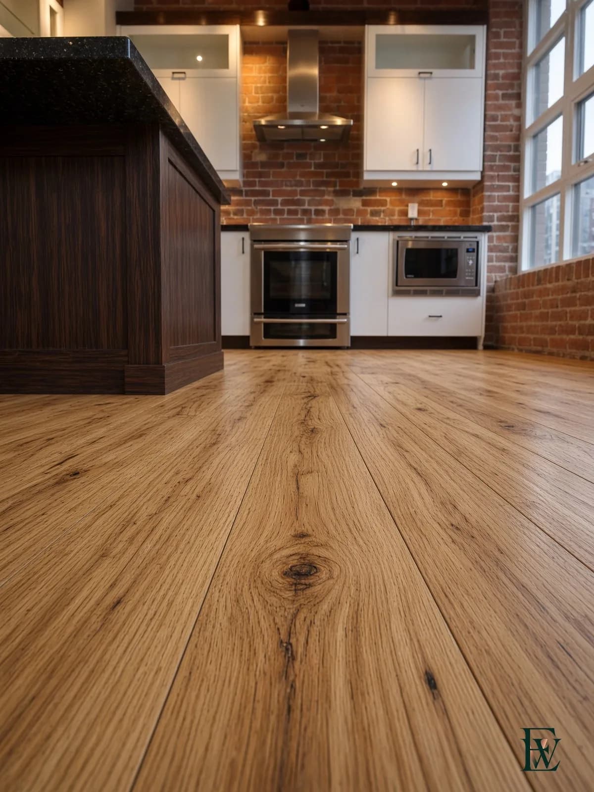 Light strip oak floor, frame 2 of 3, camera approaching the boards beside the kitchen island, Ecowoods site work, Toronto.
