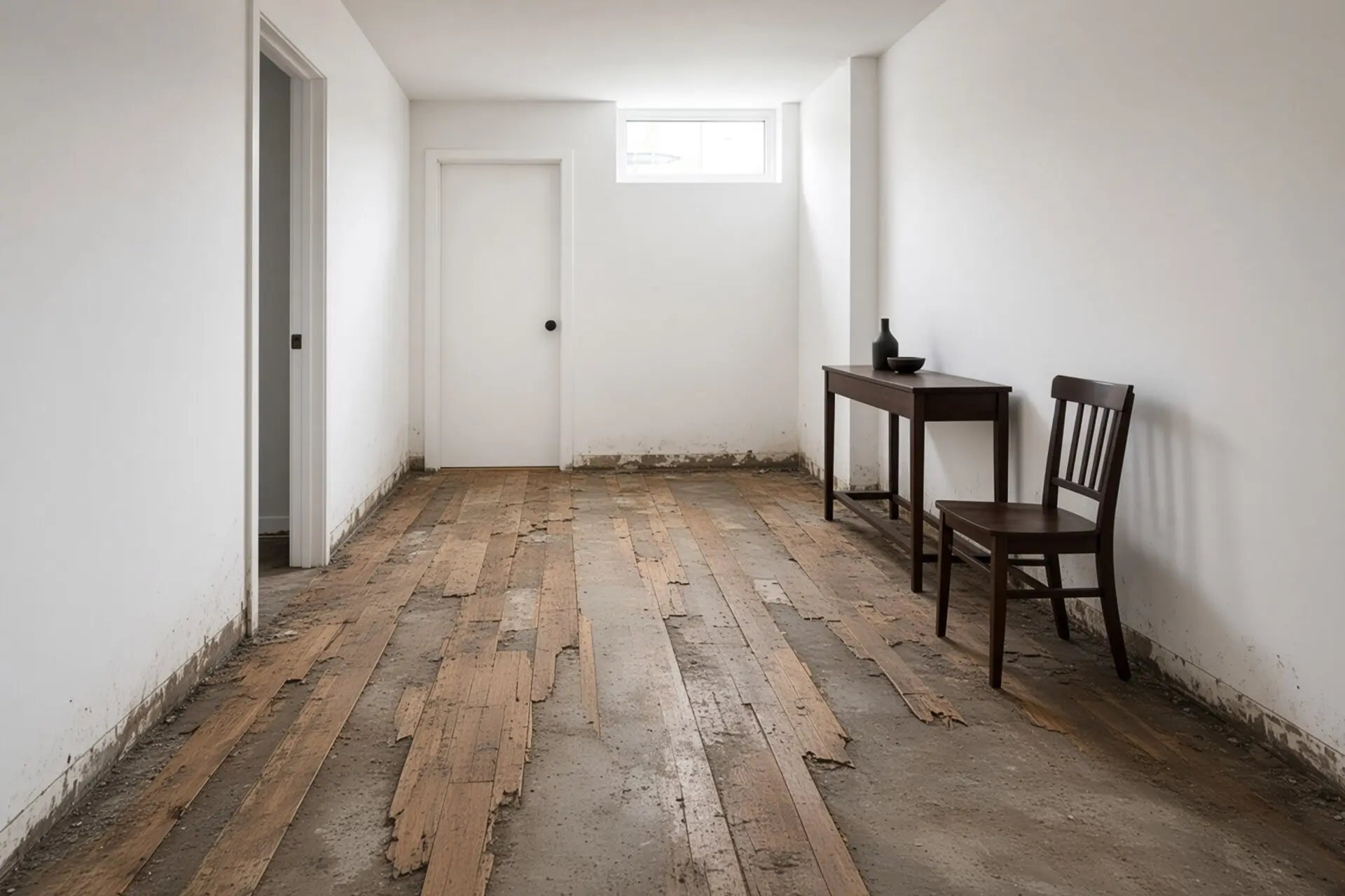 Yorkville below-grade room before hardwood: stained concrete slab, high window on the left, painted ductwork.