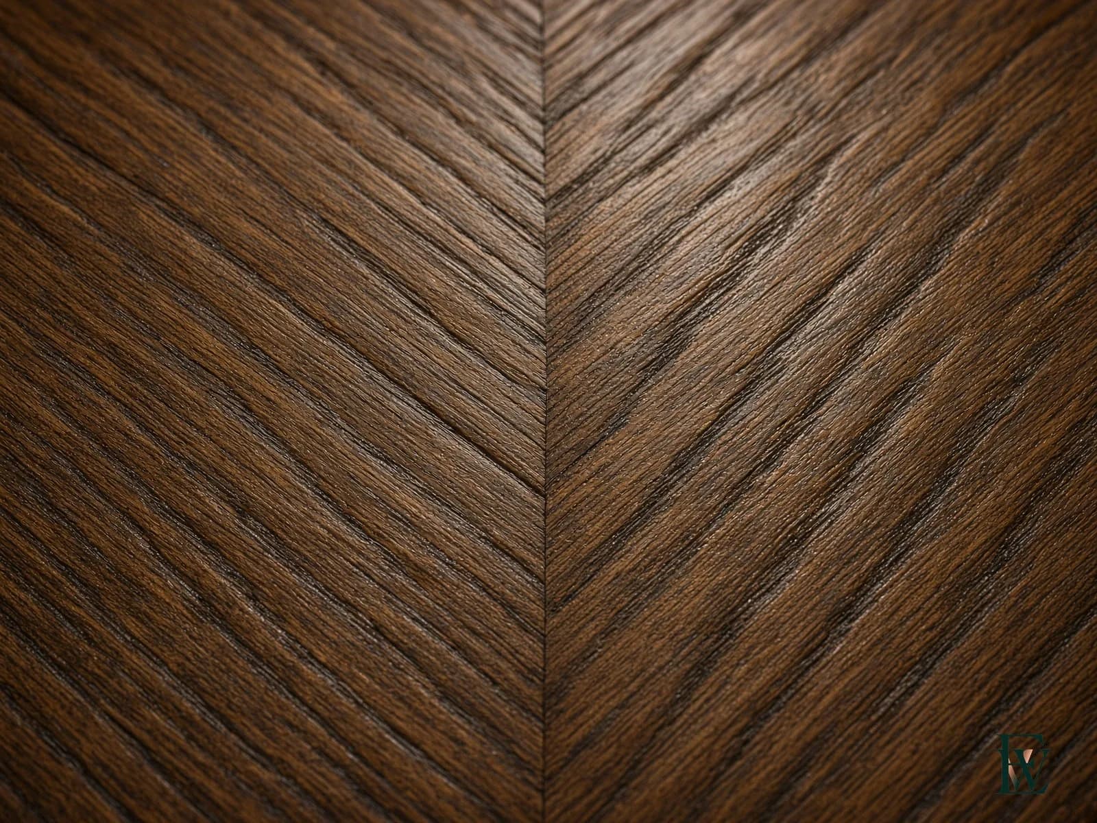 Wide-band chevron parquet, frame 3 of 3, macro of the chevron point where two bands meet, Ecowoods site work, Toronto.