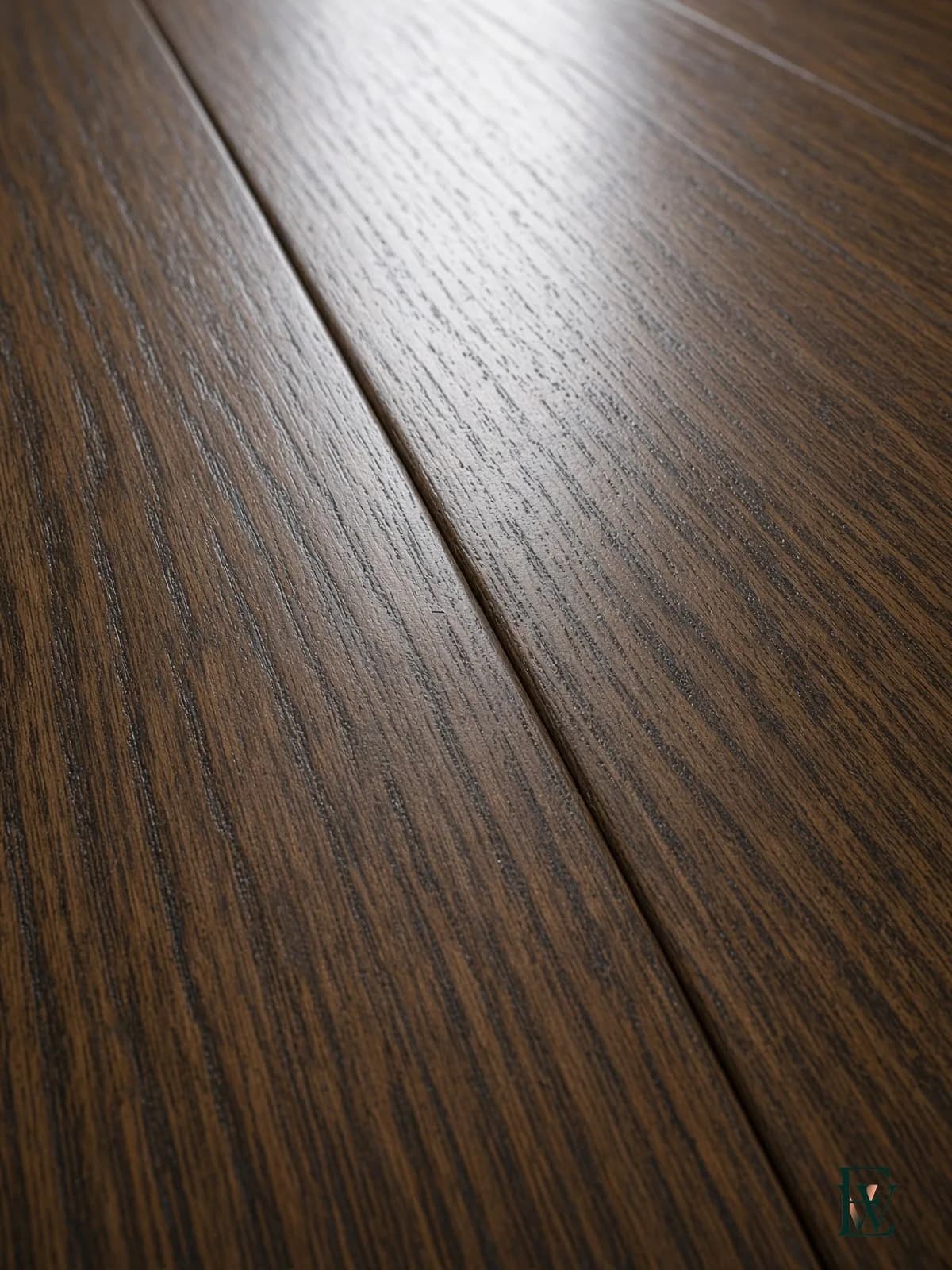 Dark wide-plank oak floor, frame 3 of 3, macro of the board seam and finish sheen, Ecowoods site work, Toronto.