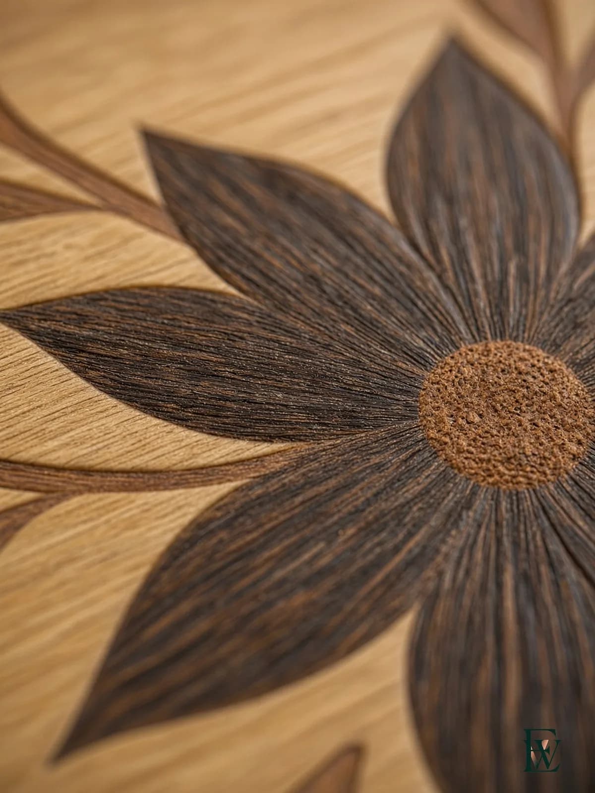 Floral medallion inlay, frame 3 of 3, macro of the flower, leaf and scroll inlay joinery, Ecowoods site work, Toronto.