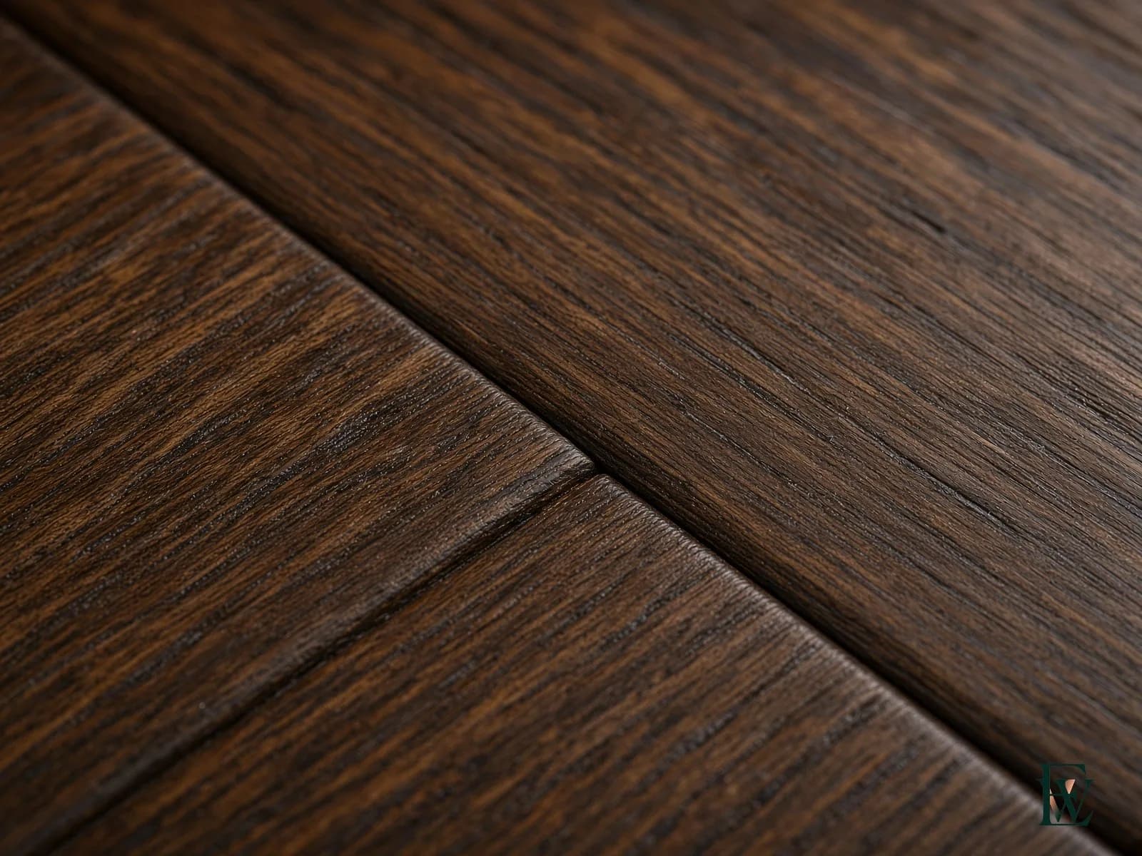 Dark herringbone oak floor in a paneled oval room, frame 3 of 3, macro of the herringbone weave reflecting the gold ceiling, Ecowoods site work, Toronto.