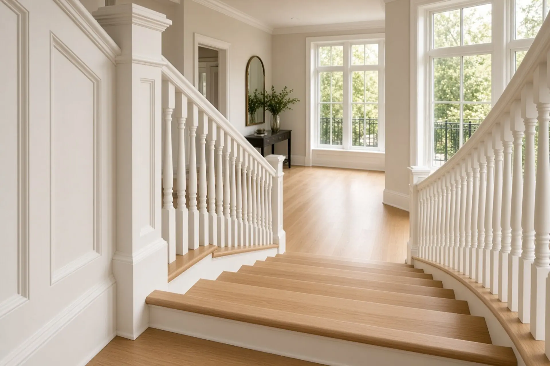 The same flight after refinishing: white oak treads, painted risers, new oak handrail and newel, landing window unchanged.