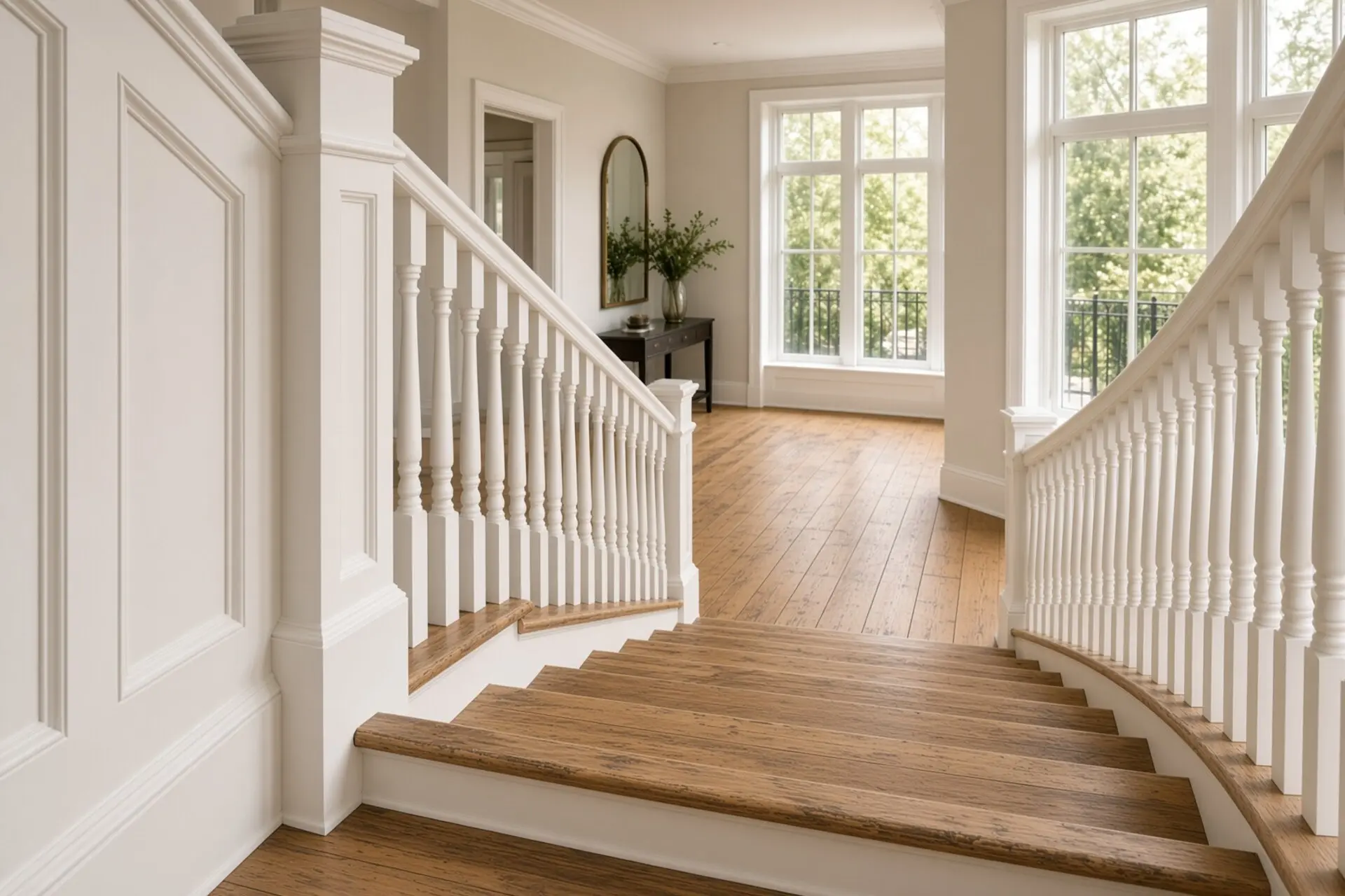 Worn painted stair treads with scuffed nosings and a dull oak handrail, looking up toward a landing window.