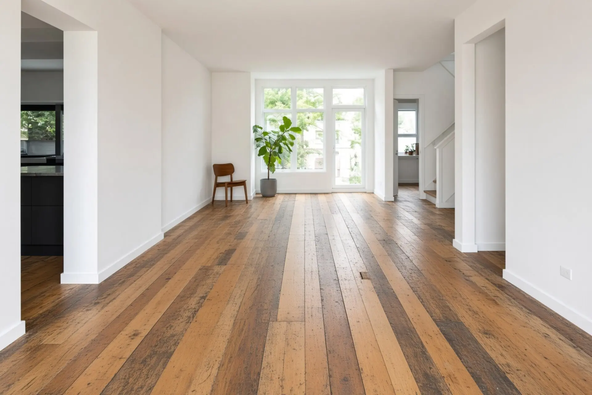 Midtown townhouse before work: grey worn ground floor, mismatched stair treads, visible height change at the first step.