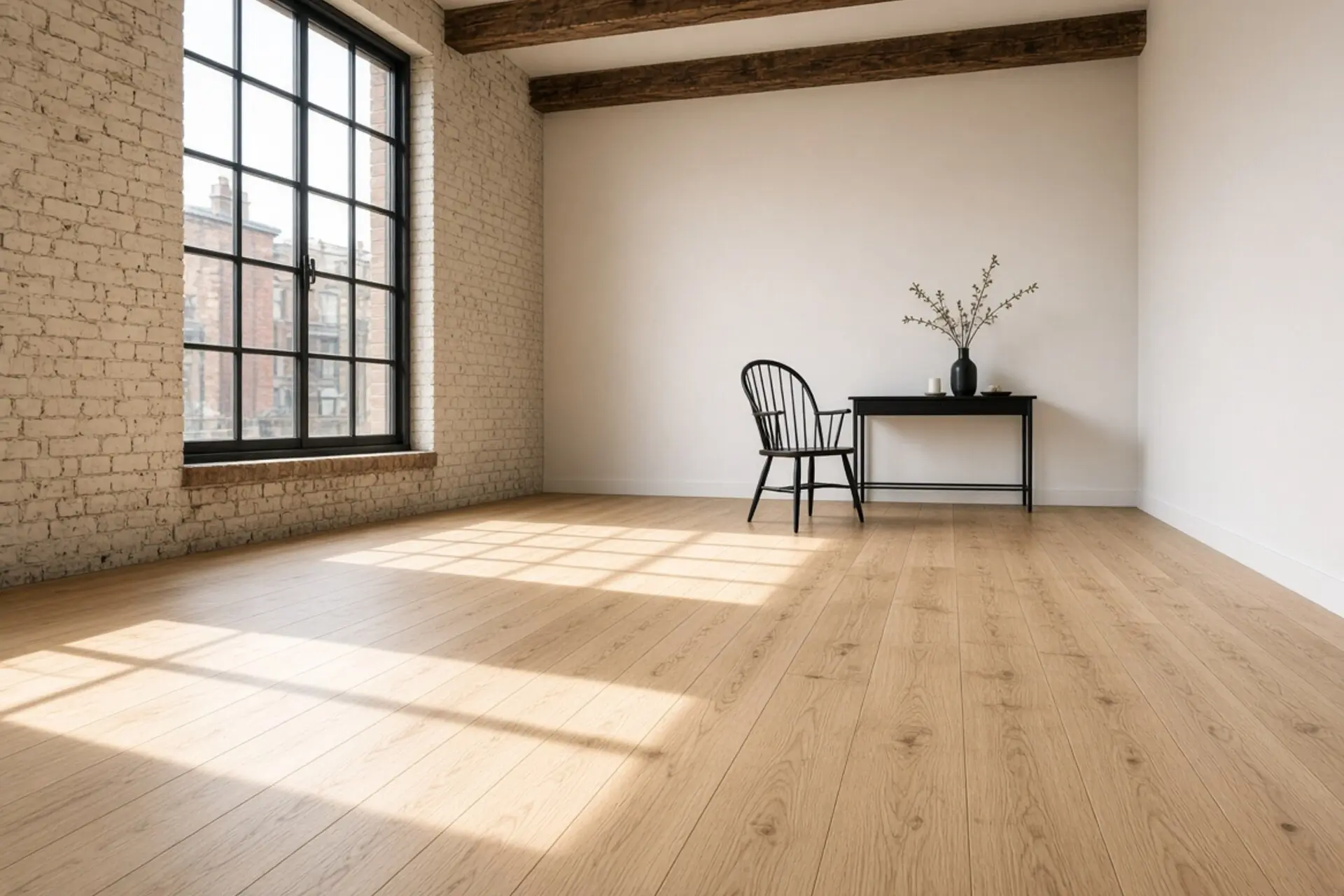 The same loft after a white oak glue-down over concrete, matte oil finish, one lounge chair.