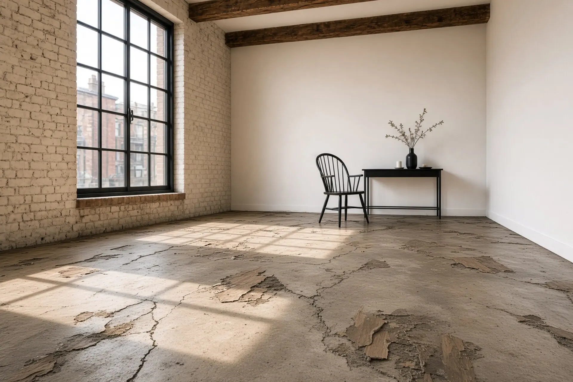 Raw Distillery District loft: factory windows, exposed brick, stained concrete slab before hardwood.