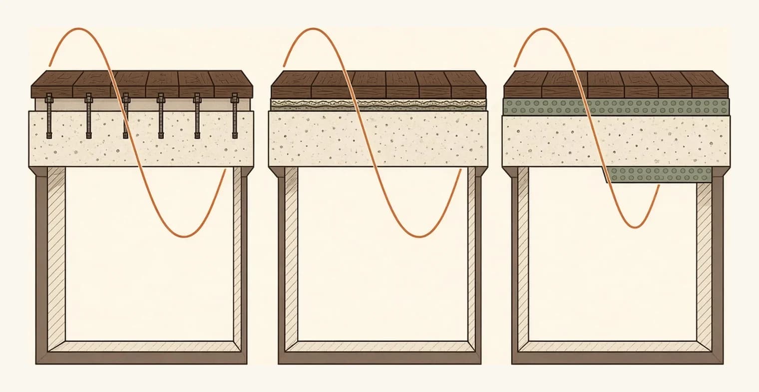Three floor assemblies in section over a concrete slab with the unit below shown, comparing how sound travels through nailed, glued and floating construction.
