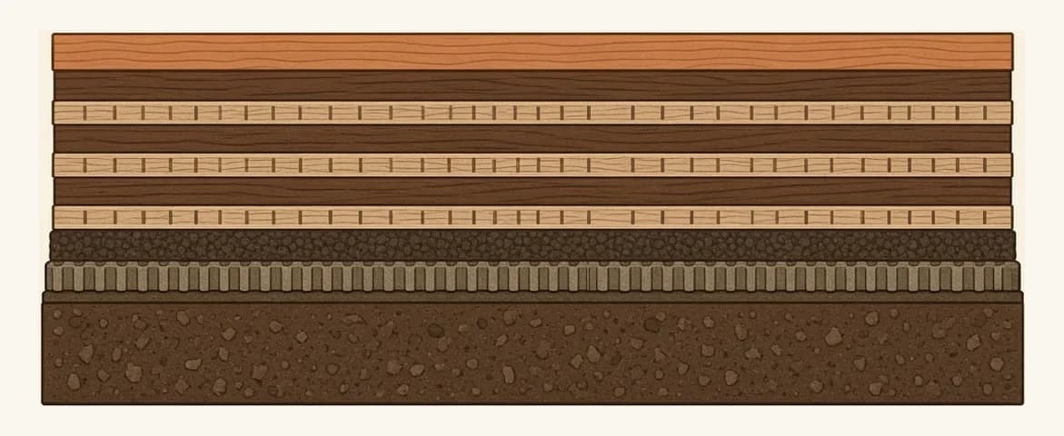 Cross-section of a condominium floor assembly over a concrete slab — the slab, the moisture and adhesive layer, the acoustic underlay, and an engineered board with its hardwood wear layer over a cross-laminated core.