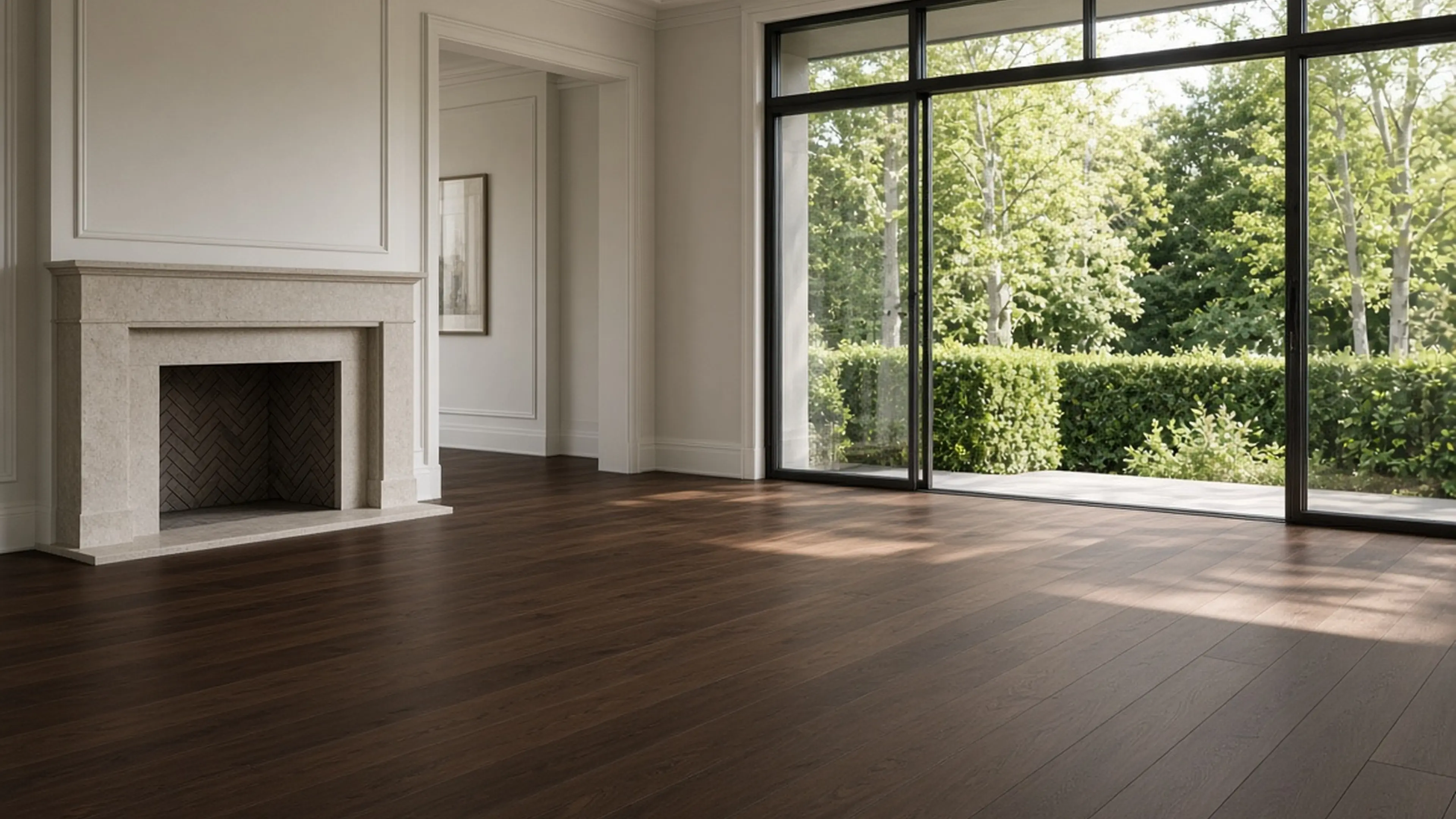 Walnut wide plank in a Forest Hill room with south glass, even tone after UV-aware finishing