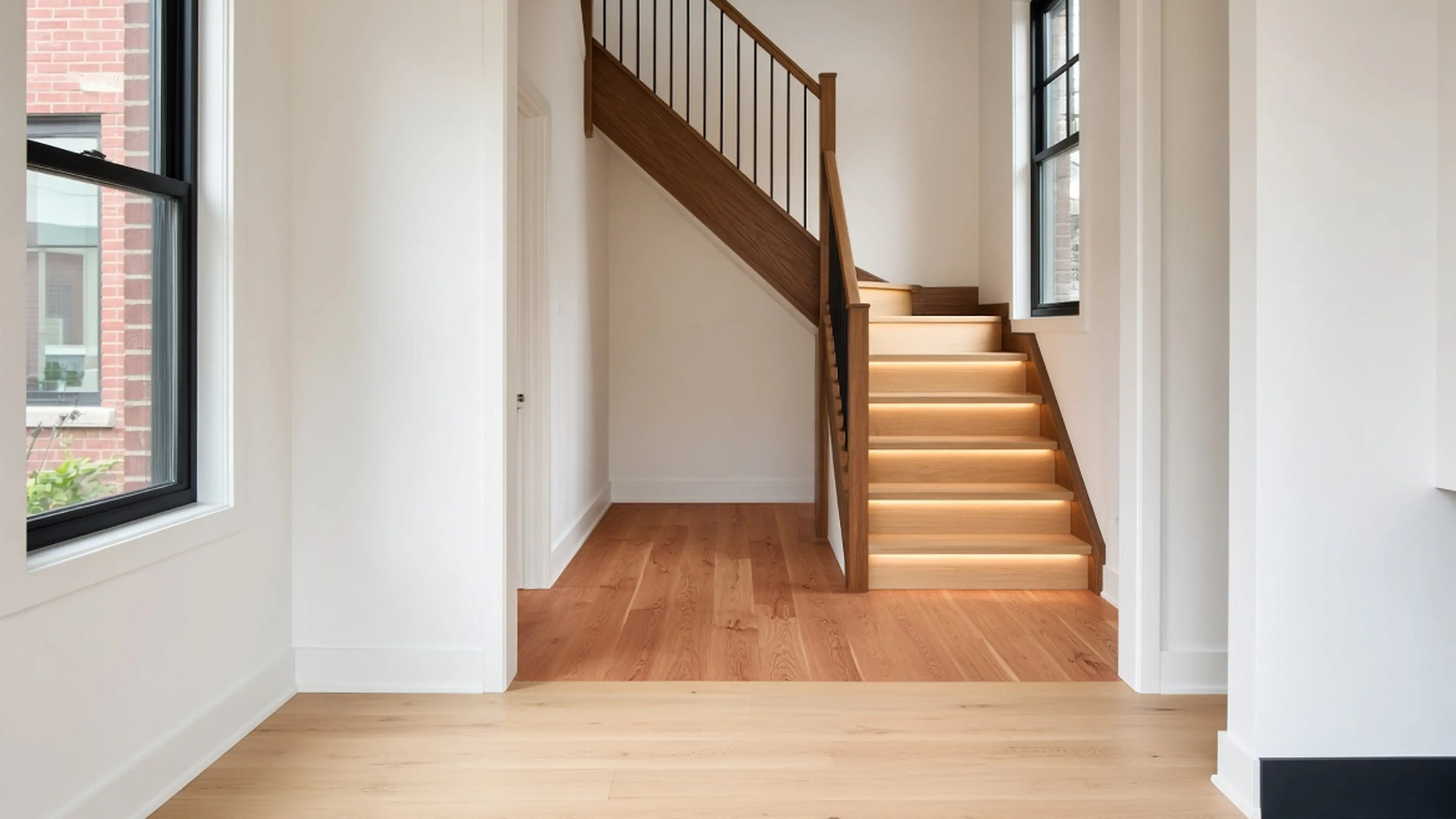 Maple field, warmer oak level beyond, white oak stair and walnut stringer reading as one house