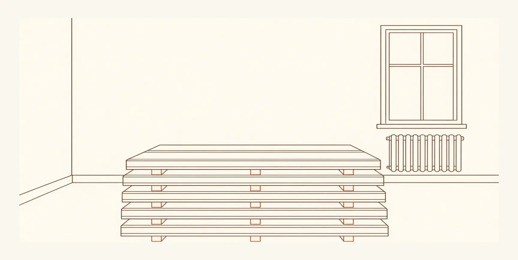 Flooring boards stacked with spacers between layers in a finished room, air circulating around them.