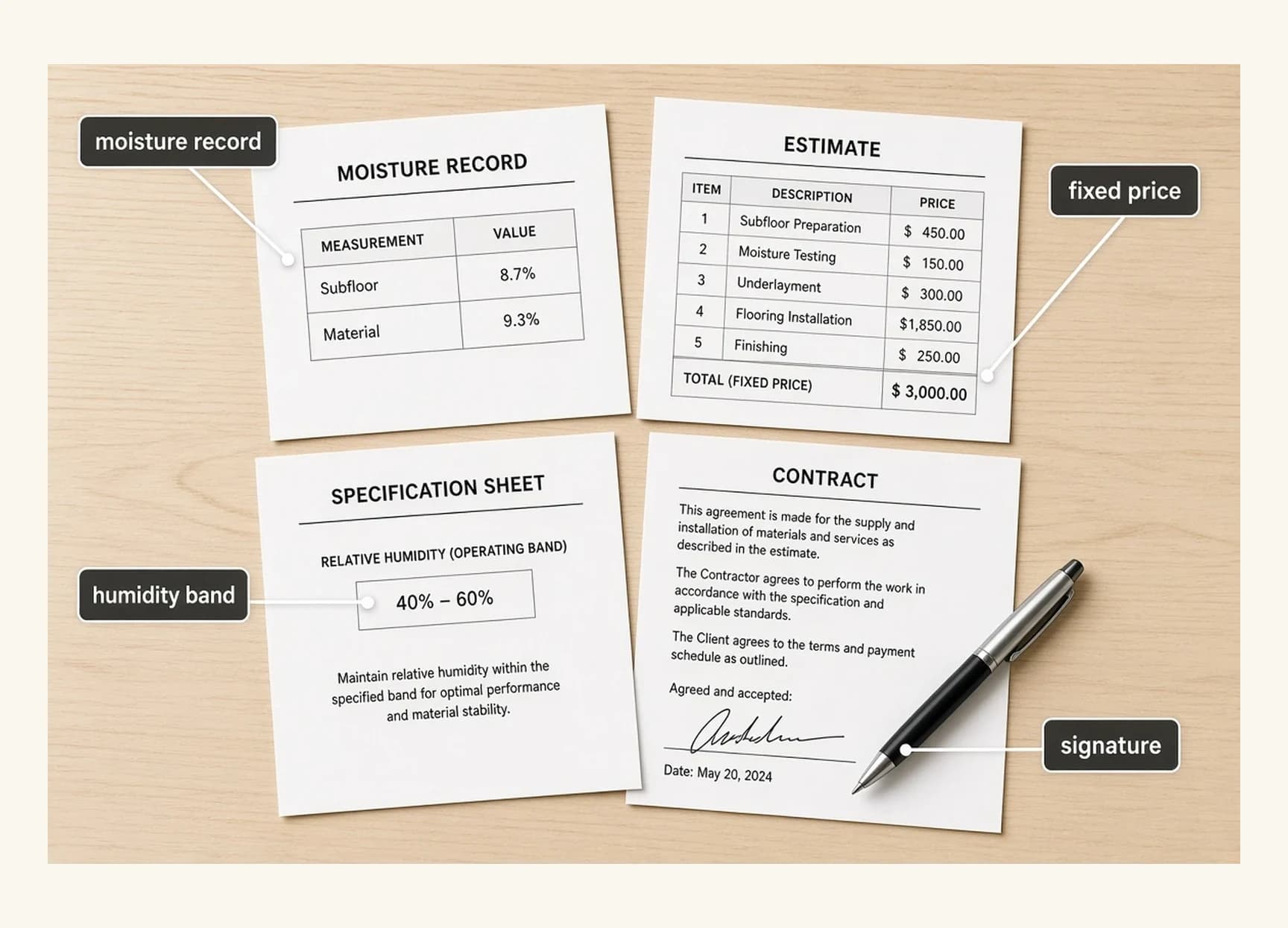 The four documents a homeowner should have before a deposit — a moisture record sheet showing subfloor and material readings, a fixed-price estimate, a stated operating humidity band, and a signed contract.