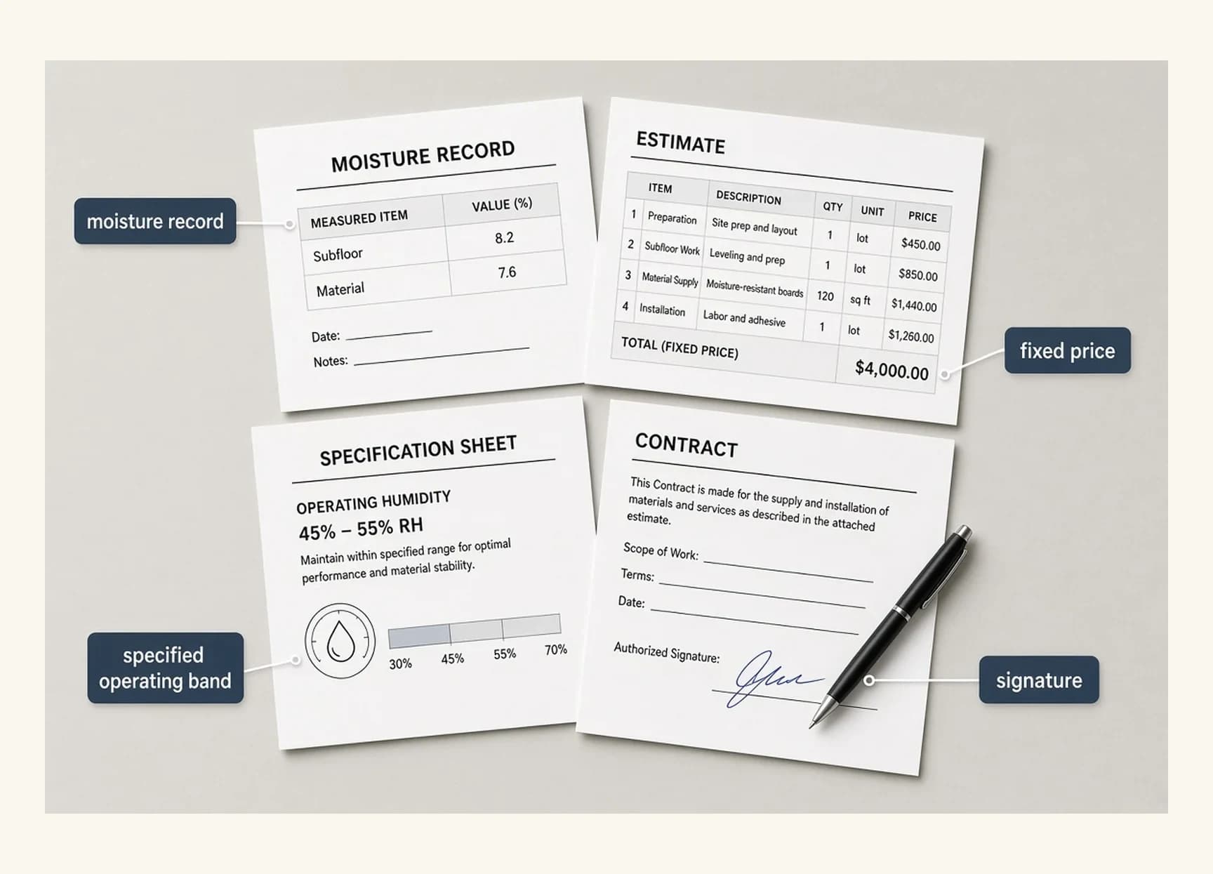 The four documents a homeowner should have before a deposit — a moisture record sheet showing subfloor and material readings, a fixed-price estimate, a stated operating humidity band, and a signed contract.