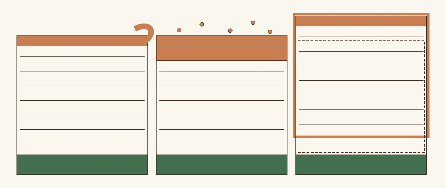 Three identical boards in section showing how much material each service removes — a screen and recoat taking only the finish, a full sand and finish going to bare wood, and replacement removing the board entirely.