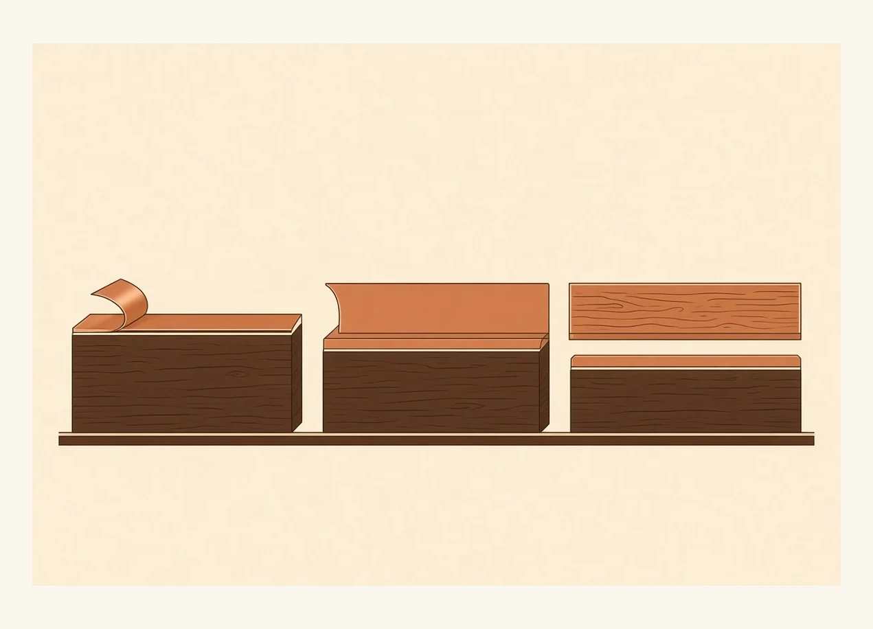 Three identical boards in section showing how much material each service removes — a screen and recoat taking only the finish, a full sand and finish going to bare wood, and replacement removing the board entirely.
