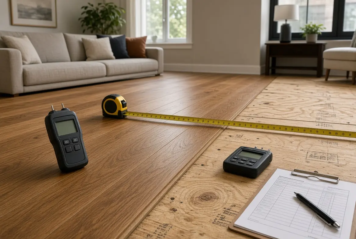 A conceptual in-home measure: one moisture meter on finished boards, one on plywood, a tape across the room, and a blank clipboard.