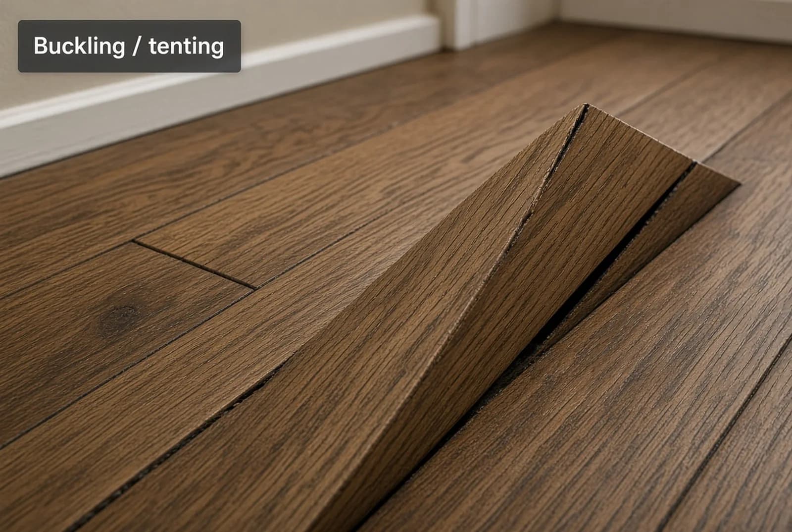 A hardwood floor lifted clear of its subfloor in a raised peak, boards tented against each other because there was nowhere left to expand.