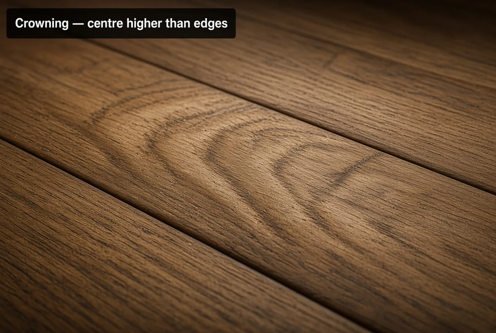 Oak floorboards under raking light whose centres have risen higher than their edges, forming shallow domes across the floor.