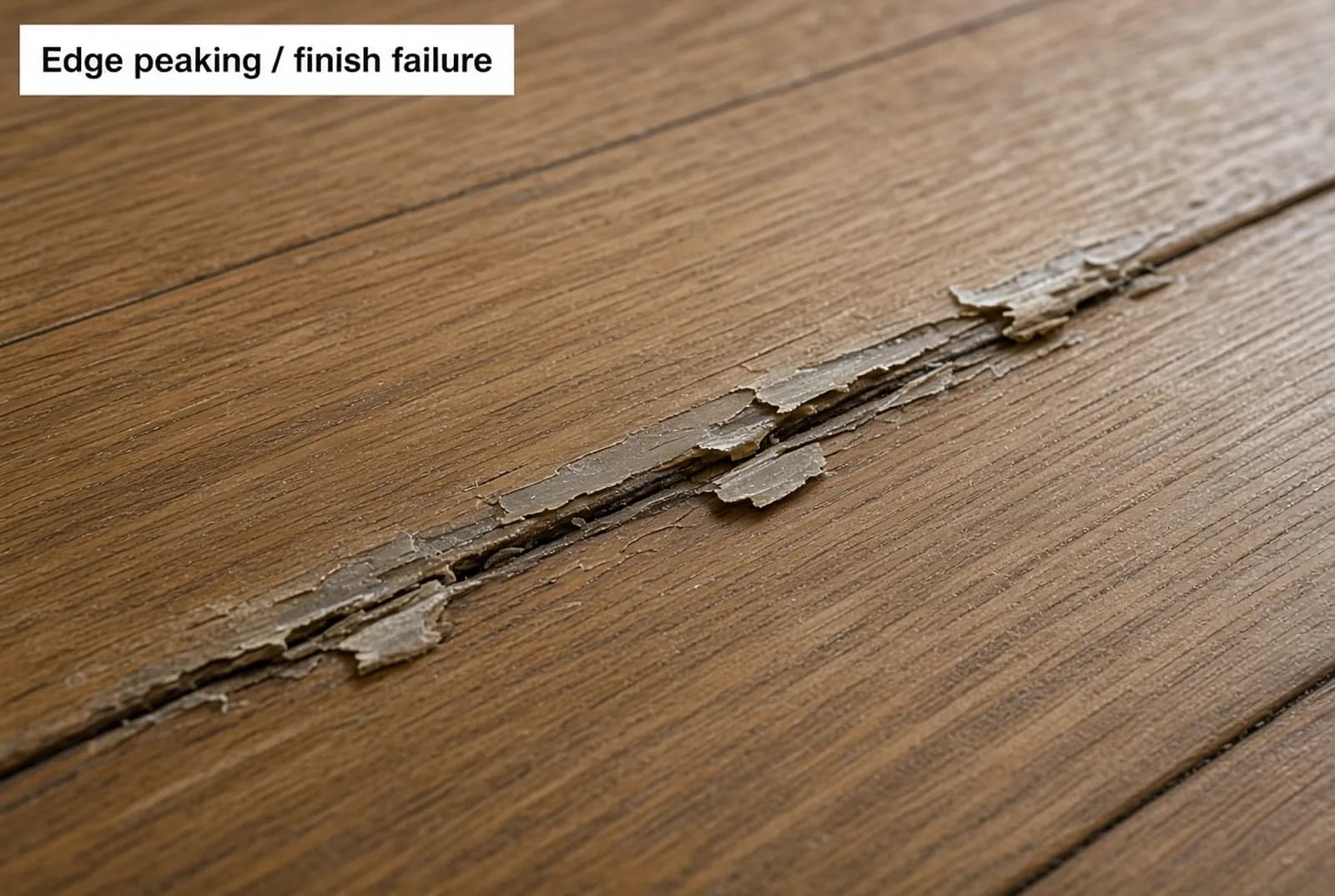 Floorboard edges raised above the board faces with the finish cracked and lifting along every seam.