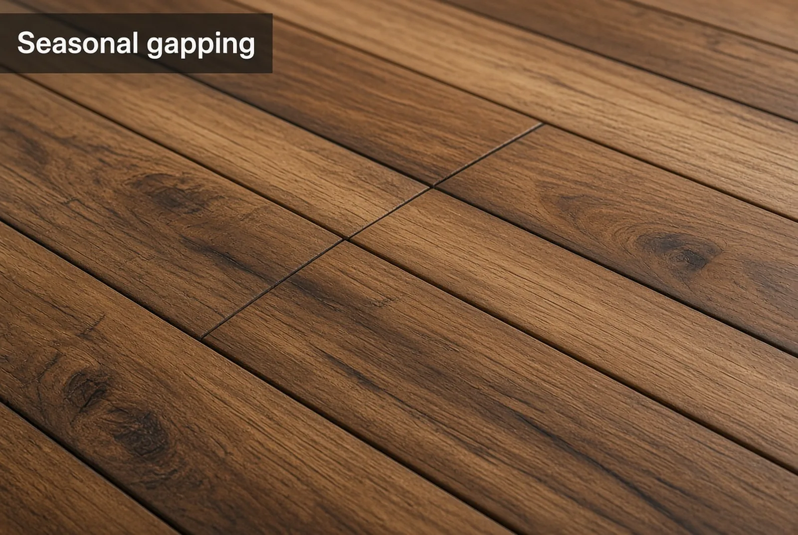 Finished oak floorboards with even dark gaps opened between every board after a dry Toronto winter.