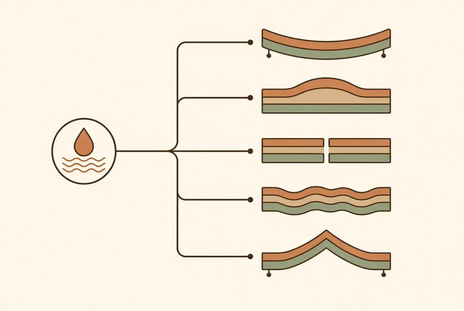 One skipped moisture step on the left branching into the five named failure modes on the right — cupping, crowning, gapping, buckling and edge peaking.