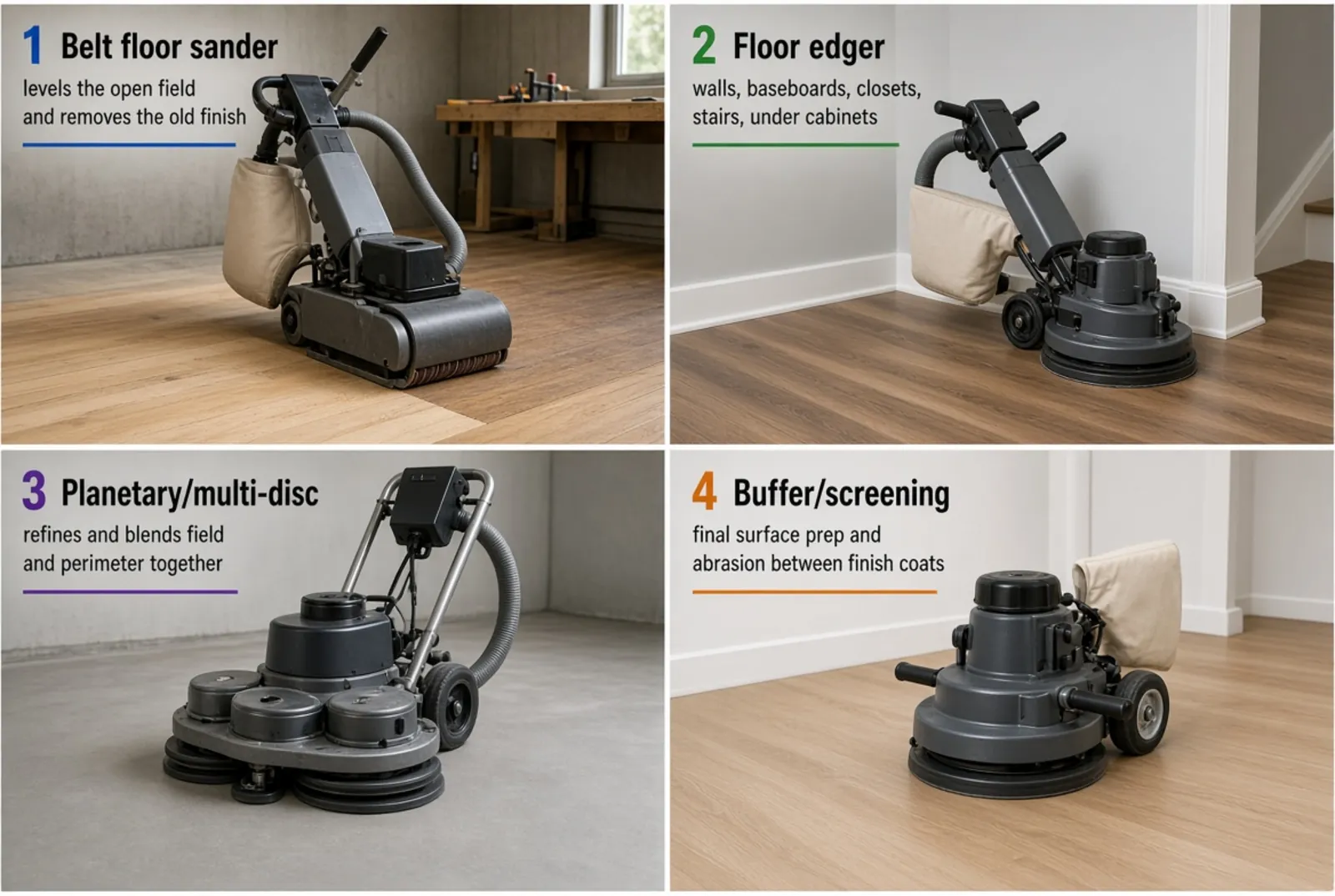 The four floor machines in working order, each labelled with the part of the job it does.