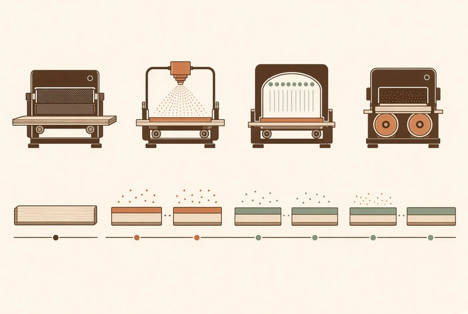 The complete refinishing sequence drawn along one horizontal line, machine by machine and coat by coat.