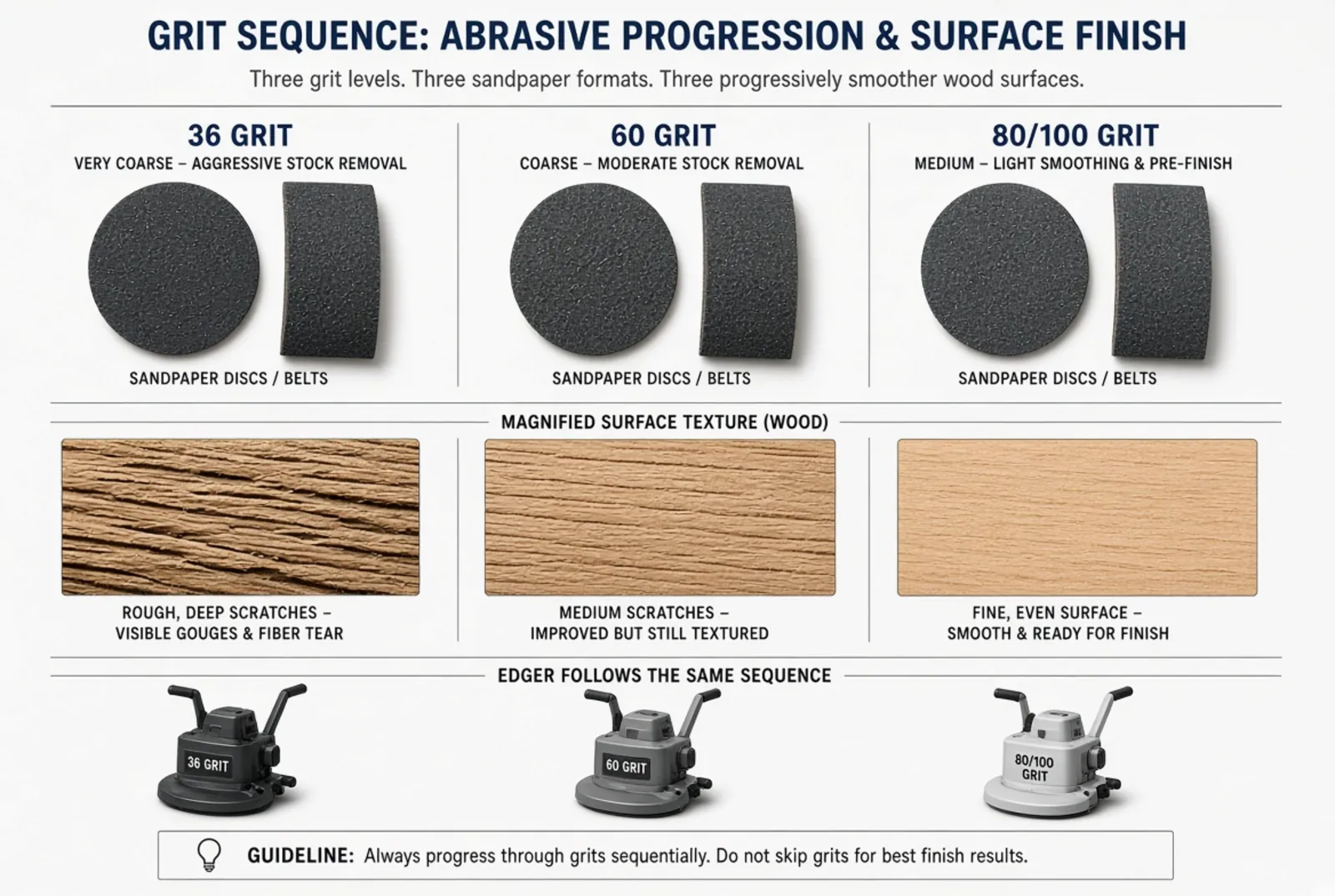 Three abrasive grades shown beside the three surfaces they leave, in working order from coarsest to finest.