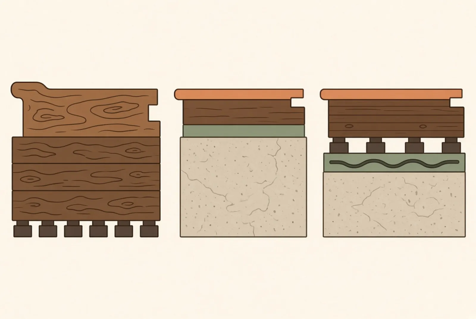 Three floor assemblies cut open side by side, each pairing one substrate with the fastening method that is correct for it.