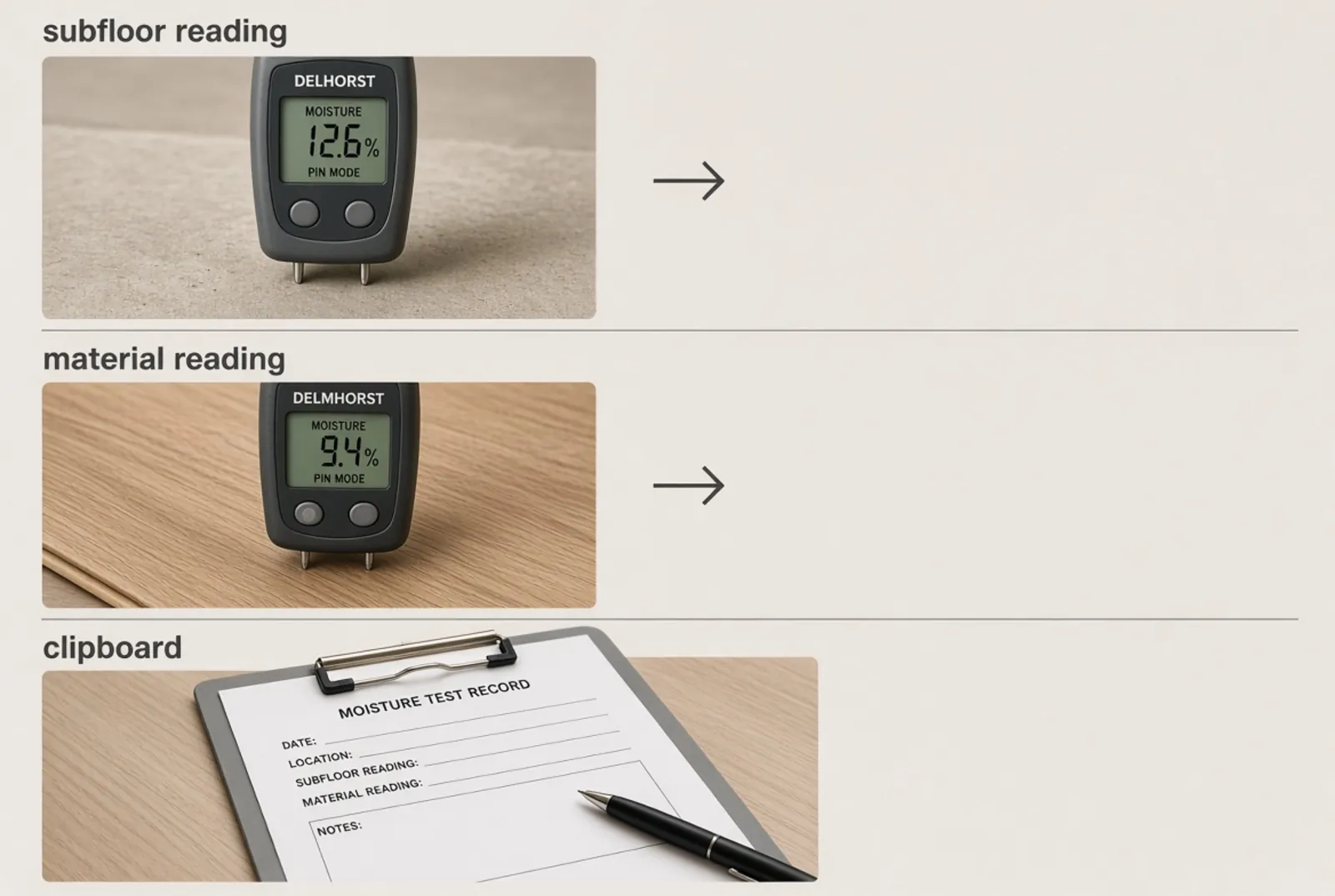 The order moisture readings are taken — subfloor first, then the flooring material, then both written onto a record sheet.