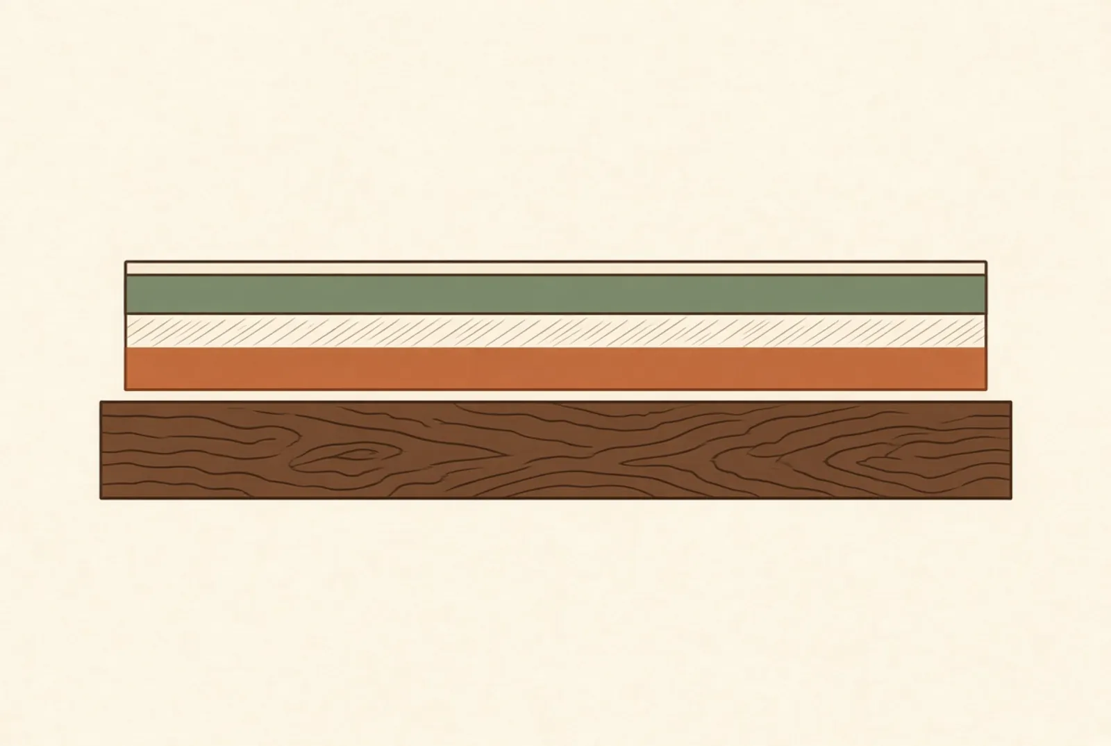 Cross-section through a finish build showing light abrasion between coats rather than removal of them.