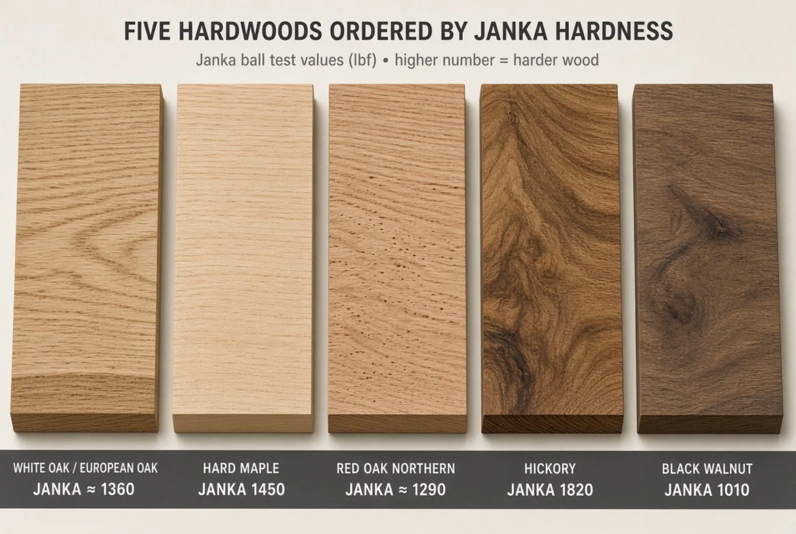 Five hardwood species photographed side by side in order of Janka hardness, each labelled with its rating.