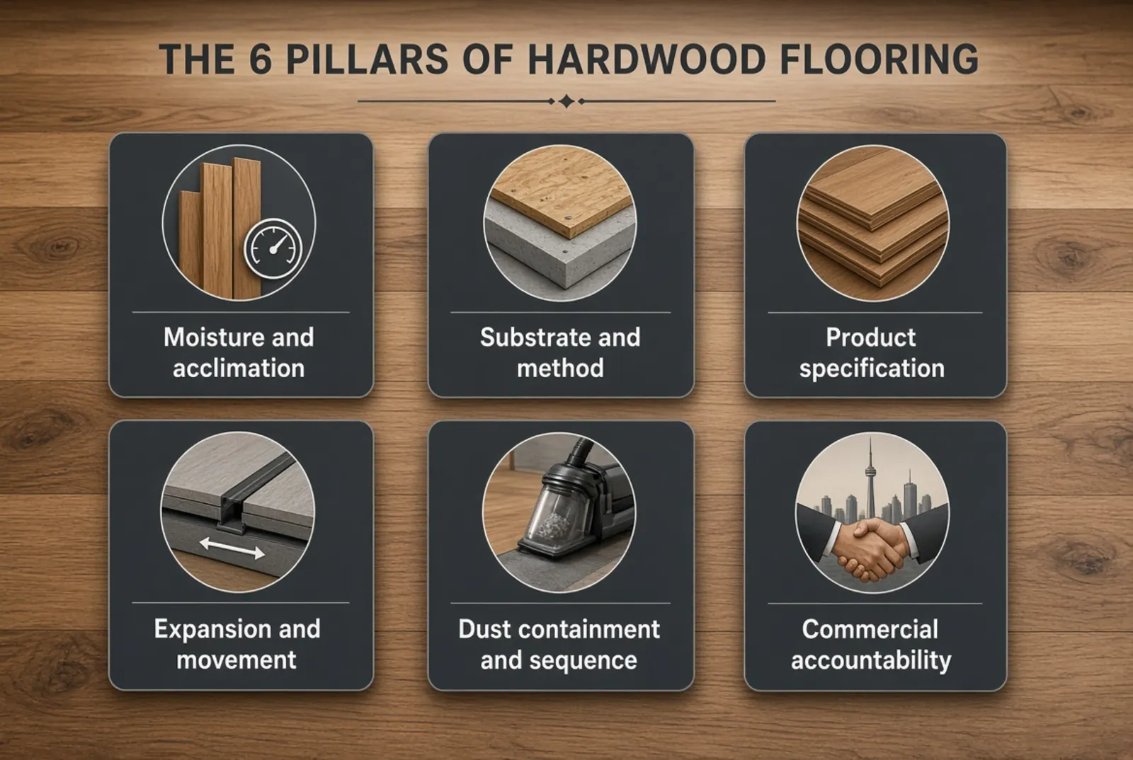 Overview of the six pillars of the Ecowoods Well-Installed Framework, arranged around a cutaway floor assembly with the Toronto skyline behind it.
