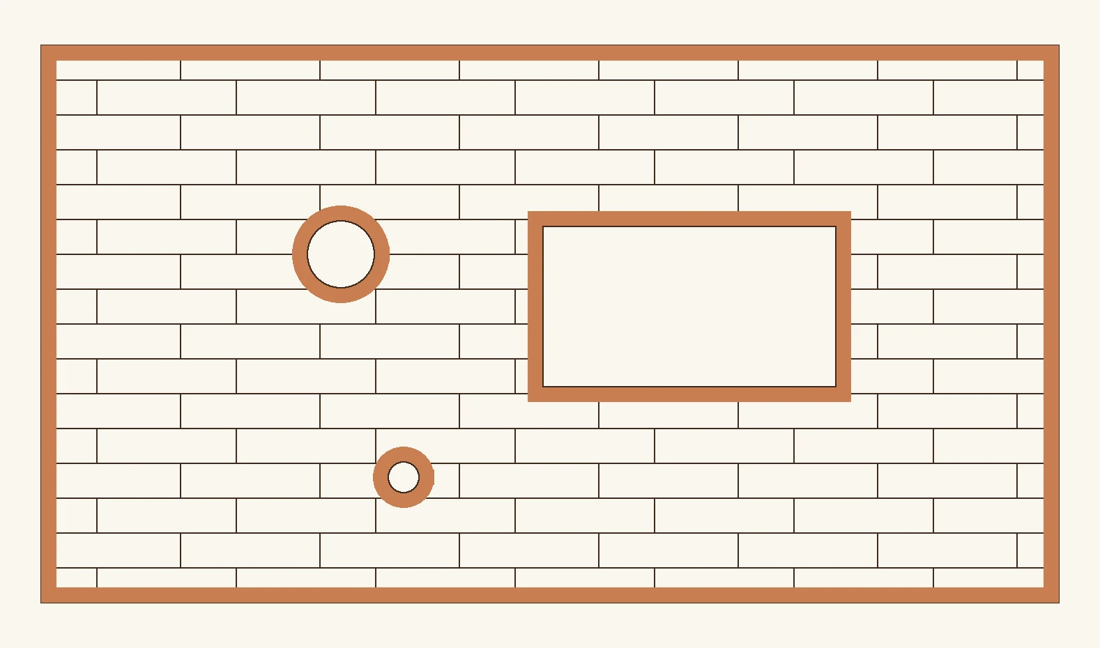 Plan view of a floor with the expansion gap held open not only at every wall but also around a structural column, a kitchen island and a pipe penetration in the middle of the floor.