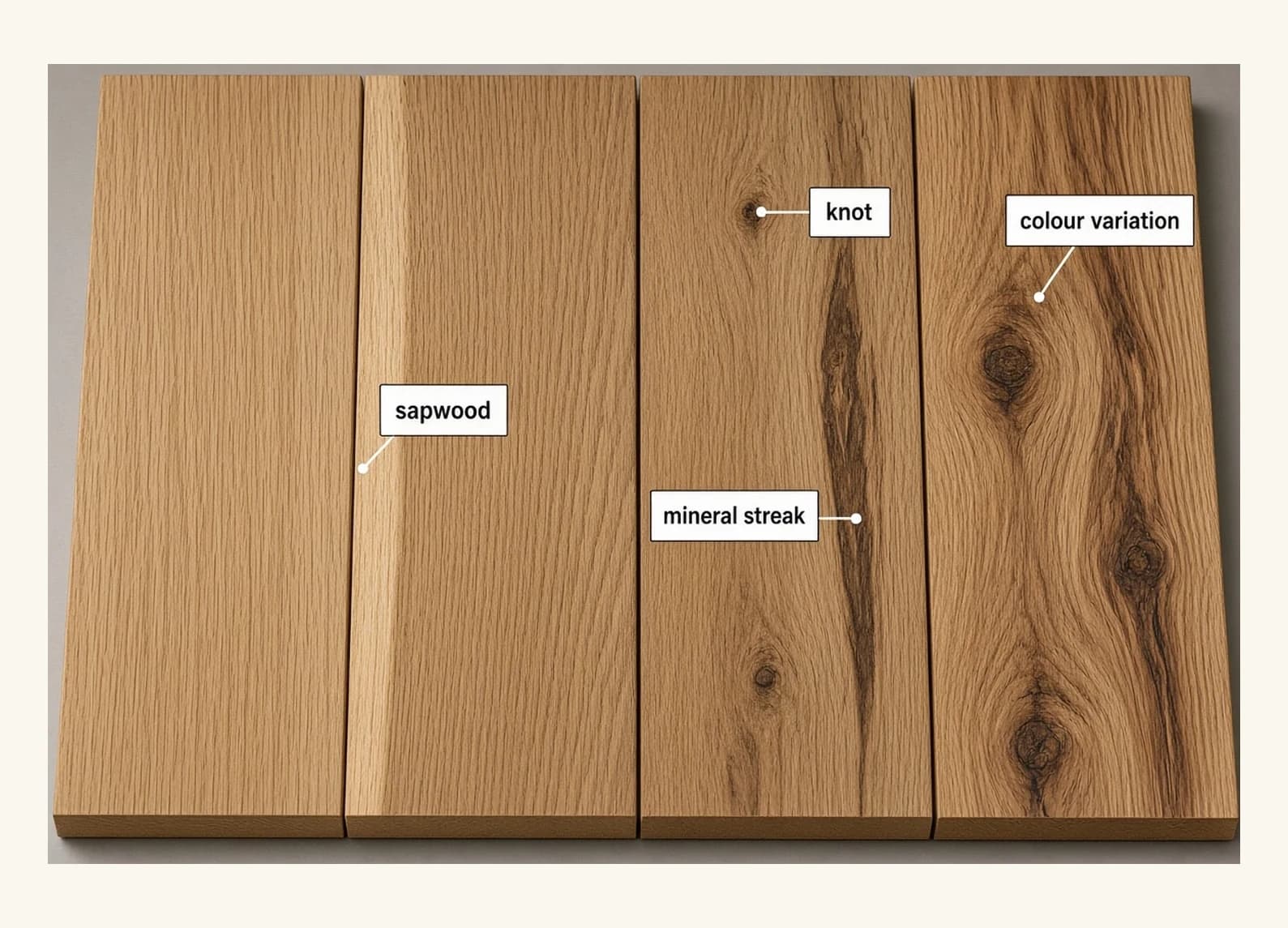 Four oak flooring boards laid side by side showing the progression from a clear heartwood-dominant grade through select, common and character grades, with sapwood, knots, mineral streak and colour variation increasing across the four.